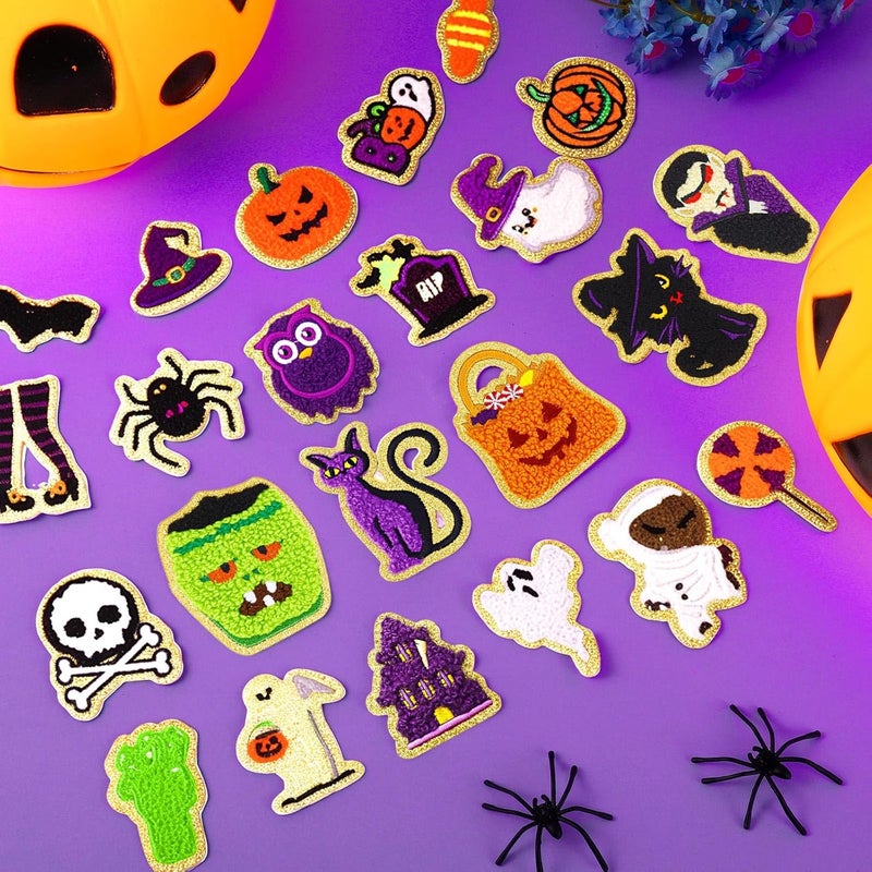 FOGWOWO 50 Pcs Halloween Patches Chenille Patches Self Adhesive Embroidered Autumn Halloween Pumpkin Ghost Skeleton Witch Hat Spider Gravestone Zombie Stick on Patch Stickers for Backpacks Hats Bags Jackets - Image 5